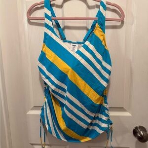 Lands End Striped Blue and Yellow & White Women's Tankini Top adjustable straps